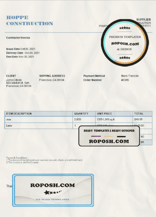 USA Hope Construction invoice template in Word and PDF format, fully editable