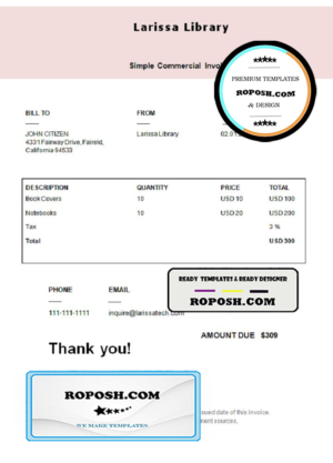 USA Larissa Library invoice template in Word and PDF format, fully editable