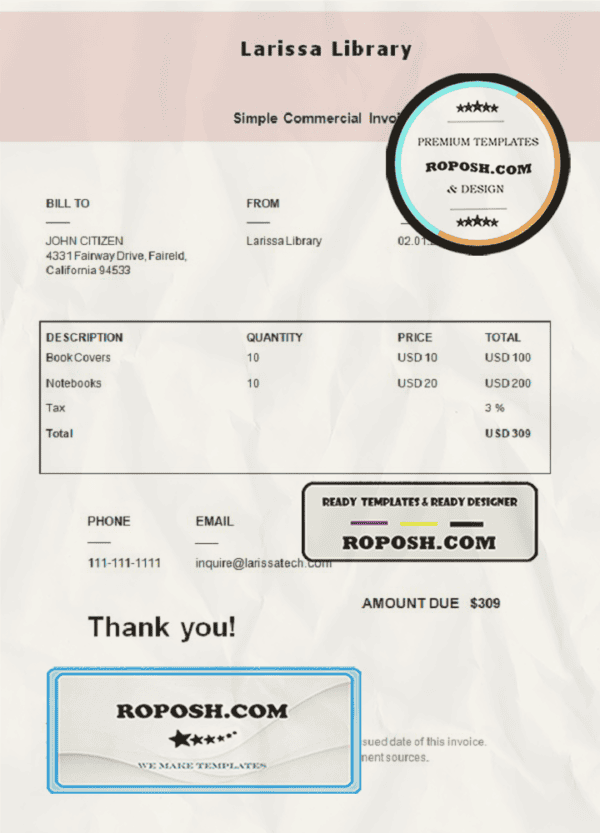 USA Larissa Library invoice template in Word and PDF format, fully editable