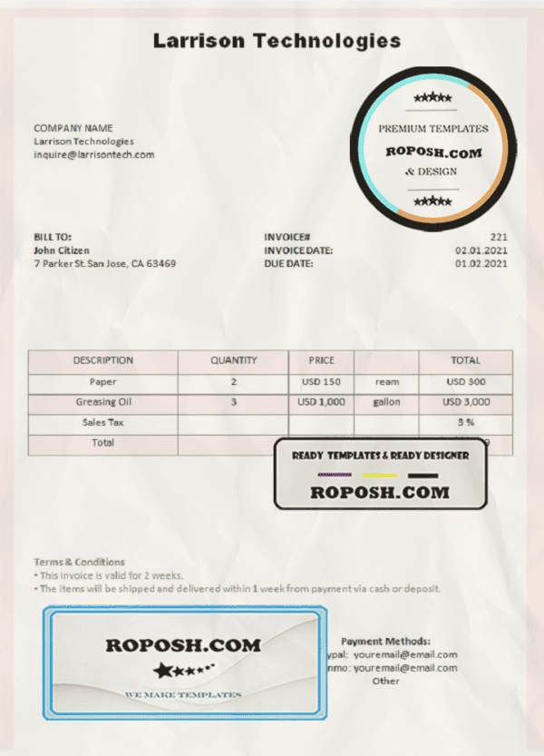 USA Larrison Technologies invoice template in Word and PDF format, fully editable
