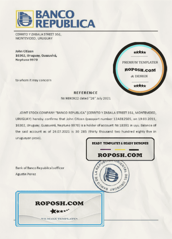 Uruguay Banco República bank reference letter template in Word and PDF format