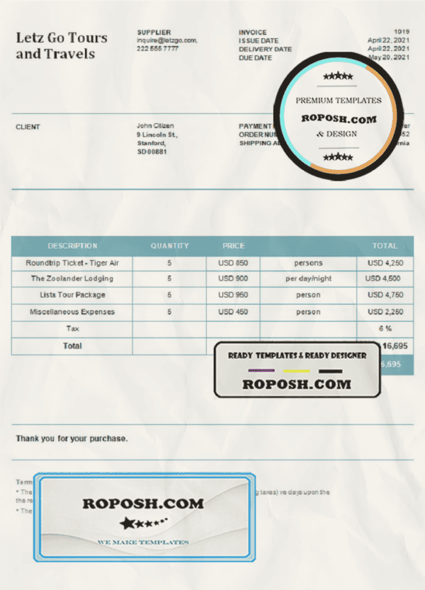 USA Letz Go Tours and Travels invoice template in Word and PDF format, fully editable