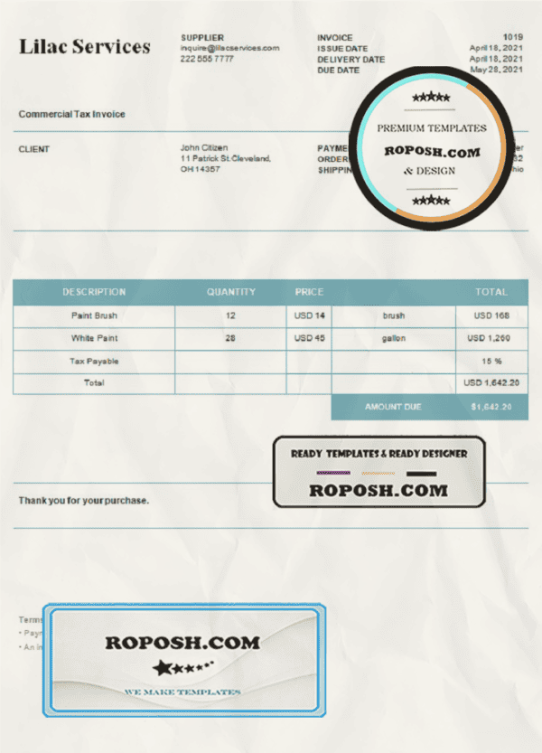 USA Lilac Services invoice template in Word and PDF format, fully editable