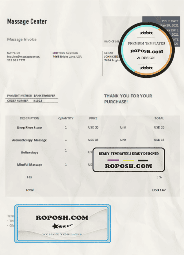 USA Massage Center invoice template in Word and PDF format, fully editable