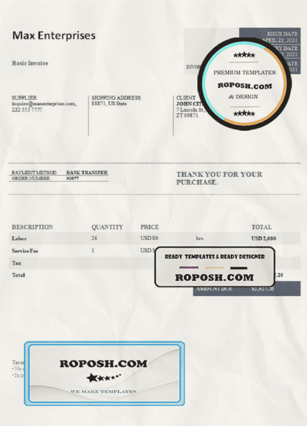 USA Max Enterprises invoice template in Word and PDF format, fully editable