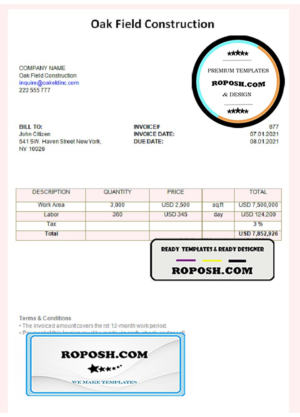 USA Oak Field Construction invoice template in Word and PDF format, fully editable