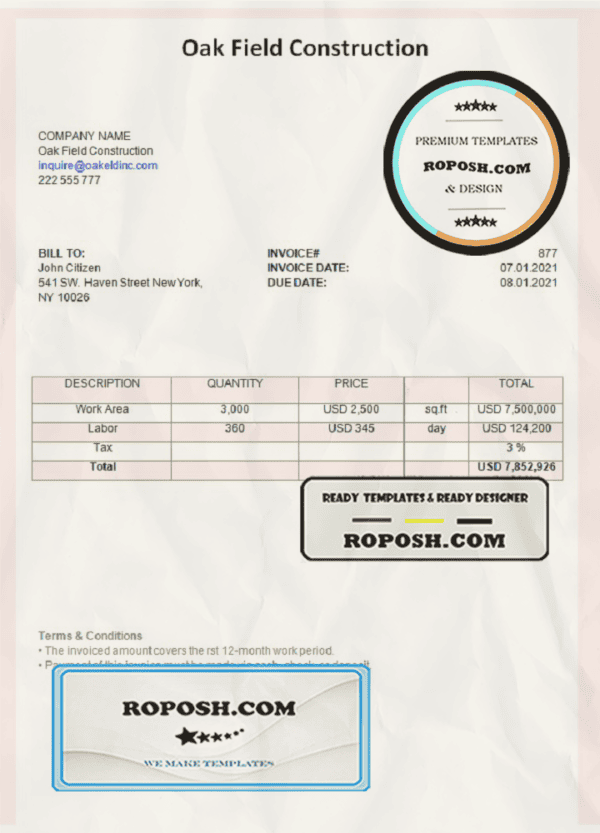 USA Oak Field Construction invoice template in Word and PDF format, fully editable
