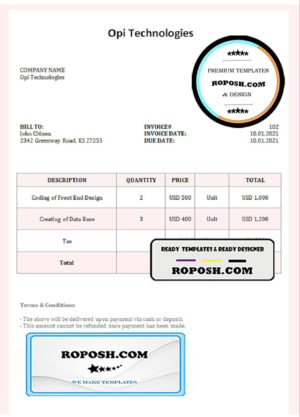 USA Opi Technologies invoice template in Word and PDF format, fully editable