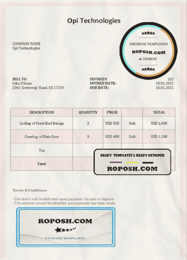 USA Opi Technologies invoice template in Word and PDF format, fully editable