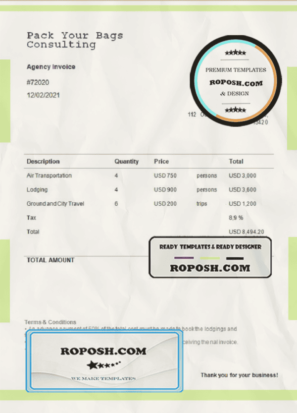 USA Pack Your Bags Consulting invoice template in Word and PDF format, fully editable