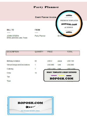 USA Party Planner invoice template in Word and PDF format, fully editable