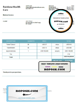 USA Rainbow Health Care invoice template in Word and PDF format, fully editable