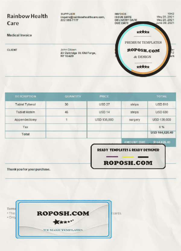 USA Rainbow Health Care invoice template in Word and PDF format, fully editable