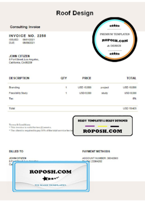 USA Roof Design invoice template in Word and PDF format, fully editable