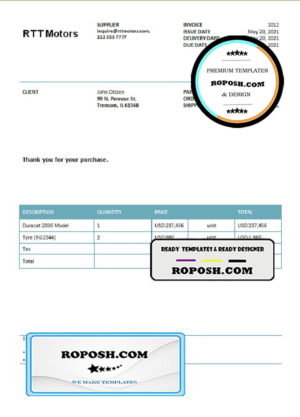 USA RTT Motors invoice template in Word and PDF format, fully editable
