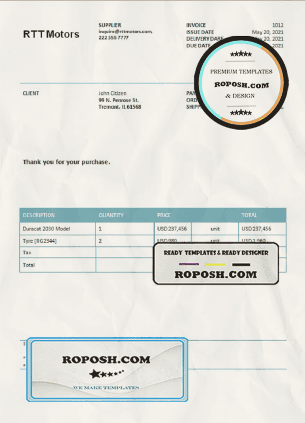 USA RTT Motors invoice template in Word and PDF format, fully editable