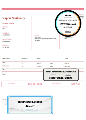 USA Rupert Stationary invoice template in Word and PDF format, fully editable