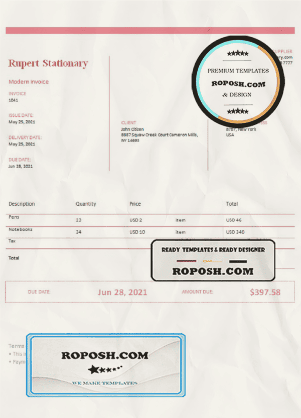 USA Rupert Stationary invoice template in Word and PDF format, fully editable