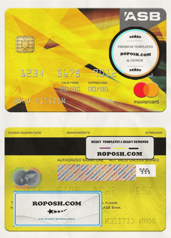 New Zealand ASB bank mastercard, fully editable template in PSD format