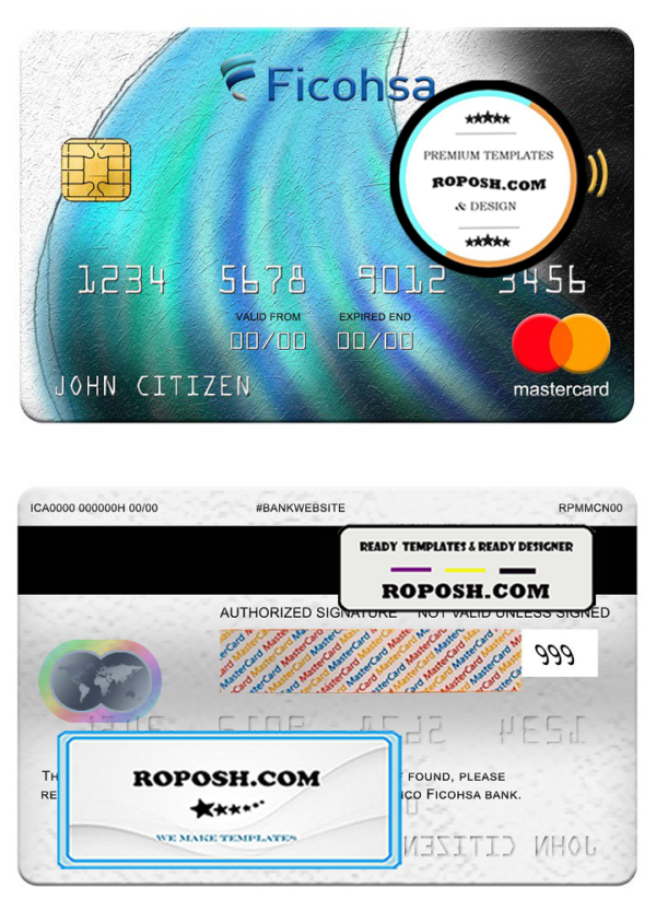 Nicaragua Banco Ficohsa bank mastercard, fully editable template in PSD format