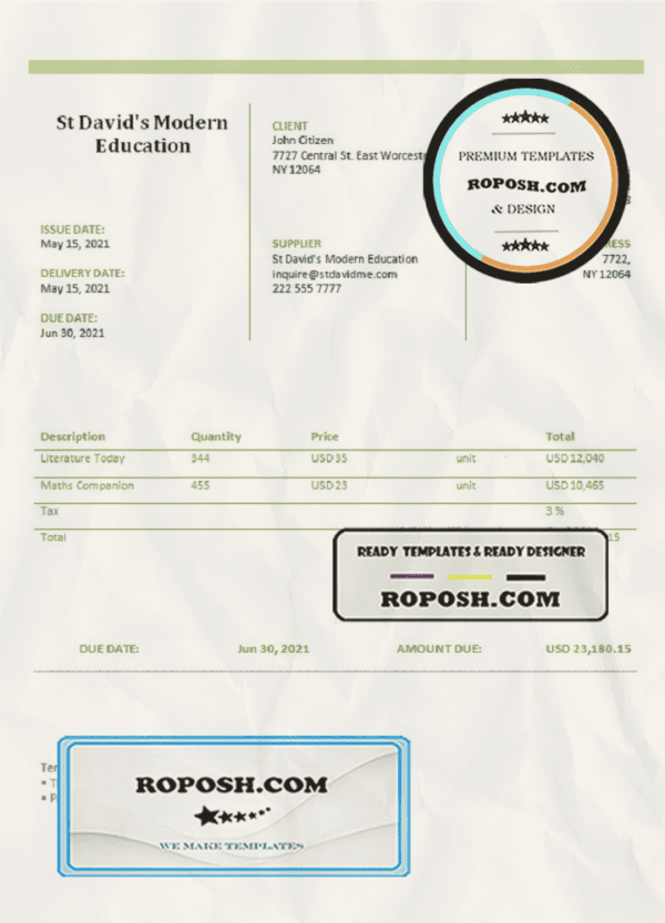 USA St David’s Modern Education invoice template in Word and PDF format, fully editable