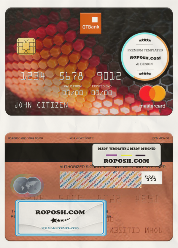 Nigeria GTBank mastercard, fully editable template in PSD format scan effect