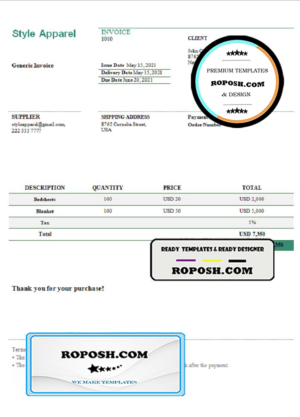 USA Style Apparel invoice template in Word and PDF format, fully editable