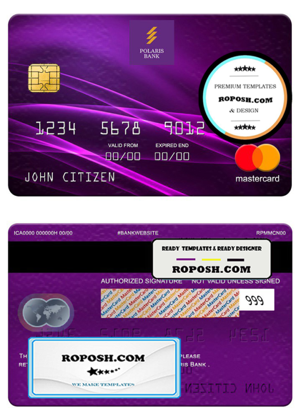 Nigeria Polaris bank mastercard, fully editable template in PSD format