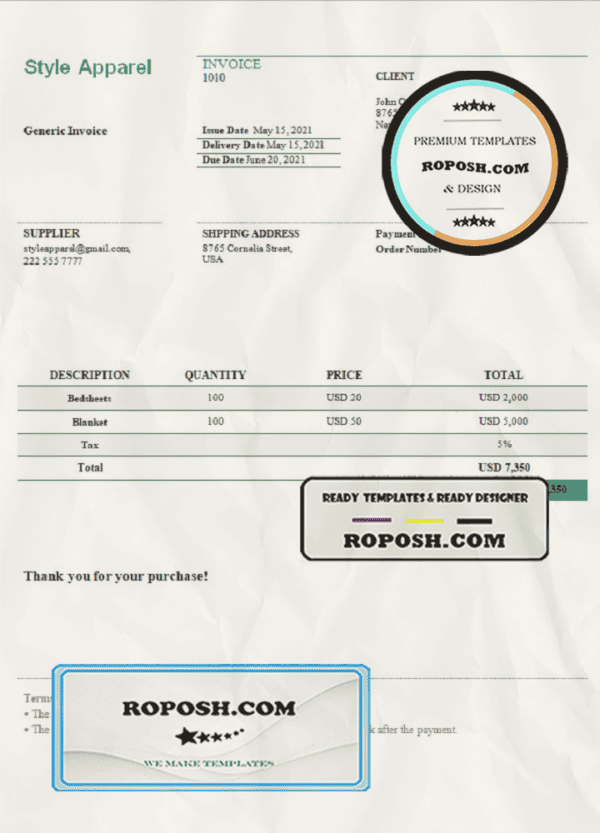 USA Style Apparel invoice template in Word and PDF format, fully editable