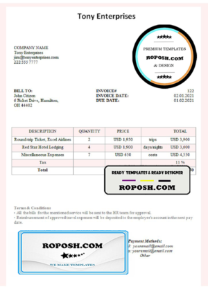 USA Tony Enterprises invoice template in Word and PDF format, fully editable