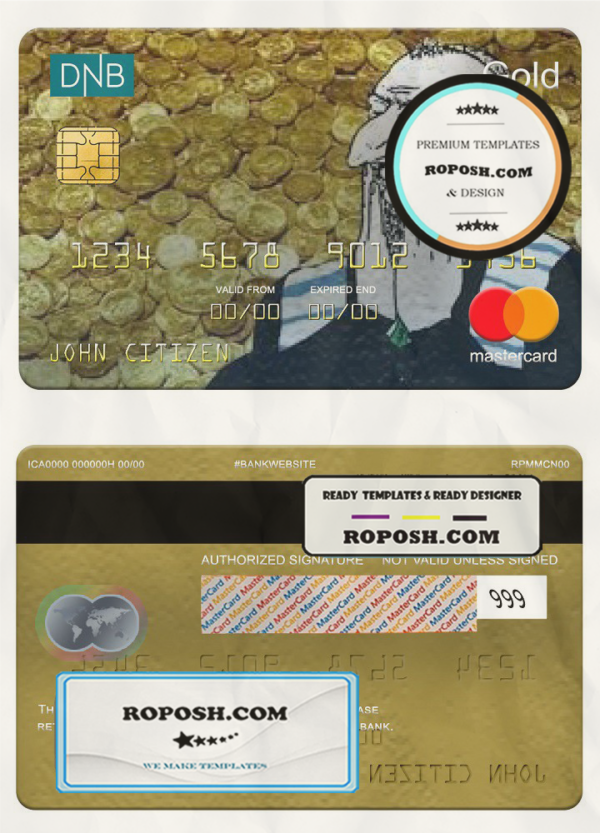 Norway DNB bank mastercard gold, fully editable template in PSD format scan effect