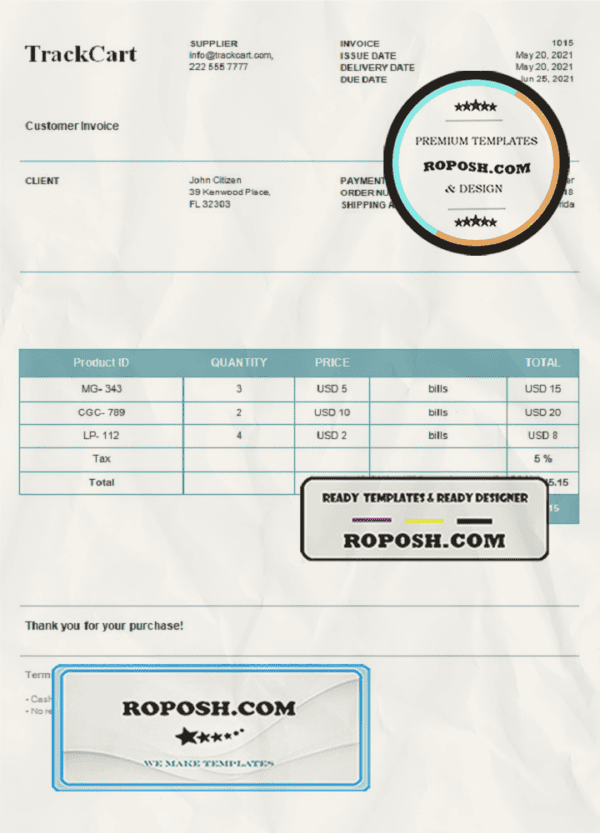 USA TrackCart invoice template in Word and PDF format, fully editable