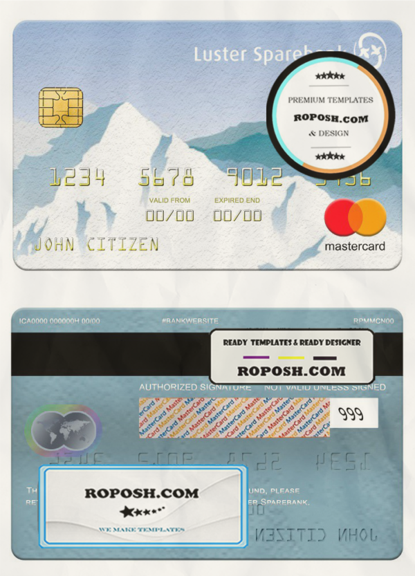 Norway Luster Sparebank mastercard, fully editable template in PSD format scan effect