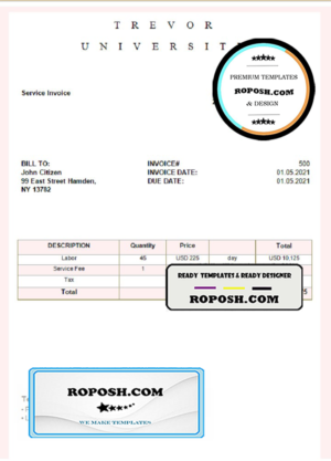 USA Trevor University invoice template in Word and PDF format, fully editable