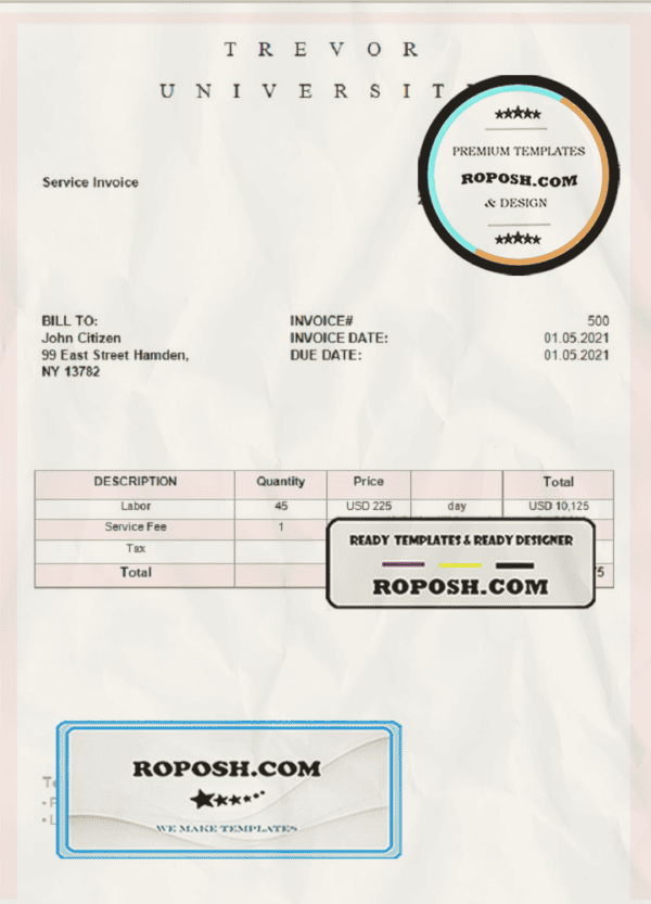 USA Trevor University invoice template in Word and PDF format, fully editable