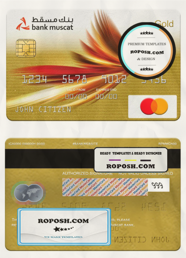 Oman Bank Muscat mastercard gold, fully editable template in PSD format scan effect