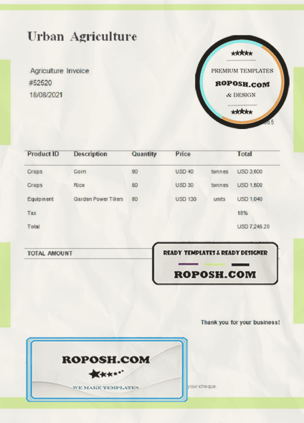 USA Urban Agriculture invoice template in Word and PDF format, fully editable