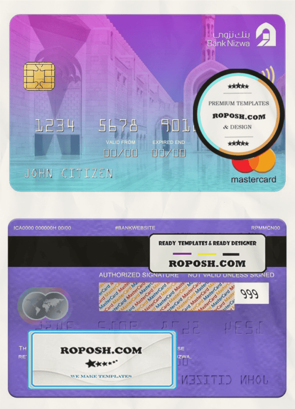 Oman bank Nizwa mastercard, fully editable template in PSD format