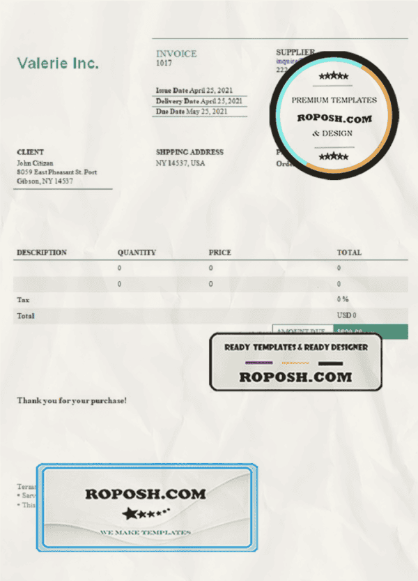 USA Valerie Inc. invoice template in Word and PDF format, fully editable