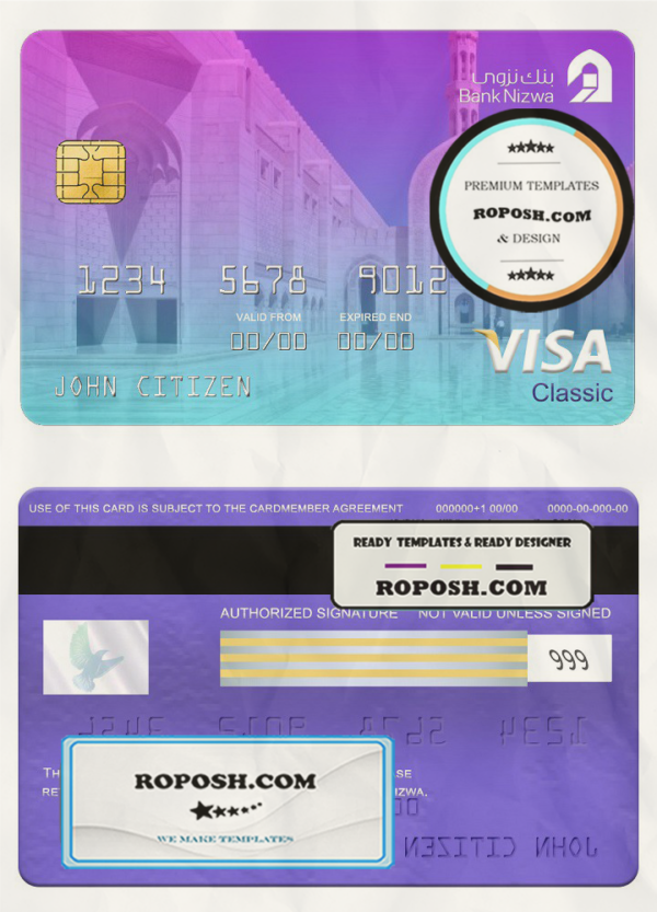 Oman bank Nizwa visa classic card, fully editable template in PSD format scan effect
