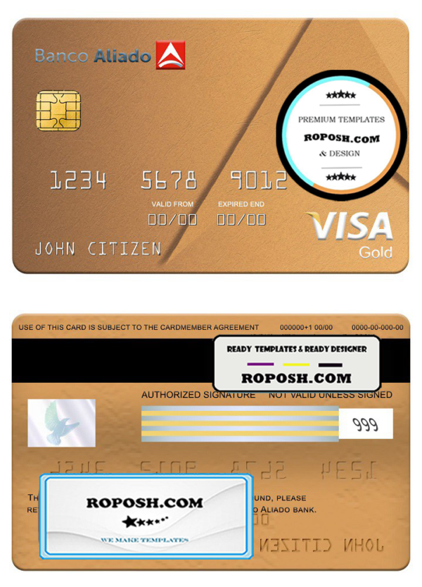 Panama Banco Aliado bank visa gold card, fully editable template in PSD format