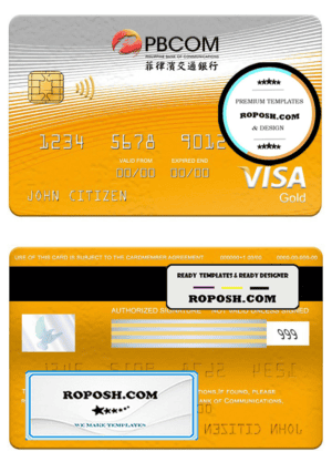 Philippines bank of Communications visa gold card, fully editable template in PSD format