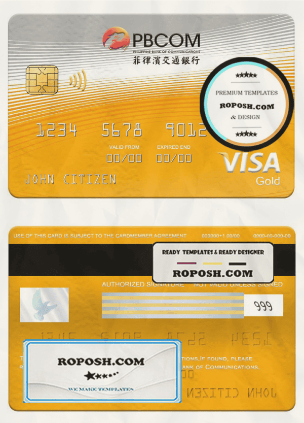Philippines bank of Communications visa gold card, fully editable template in PSD format