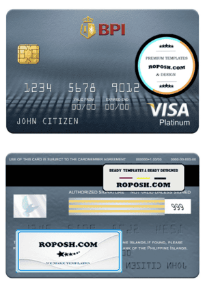Philippines Bank of the Philippine visa platinum card, fully editable template in PSD format