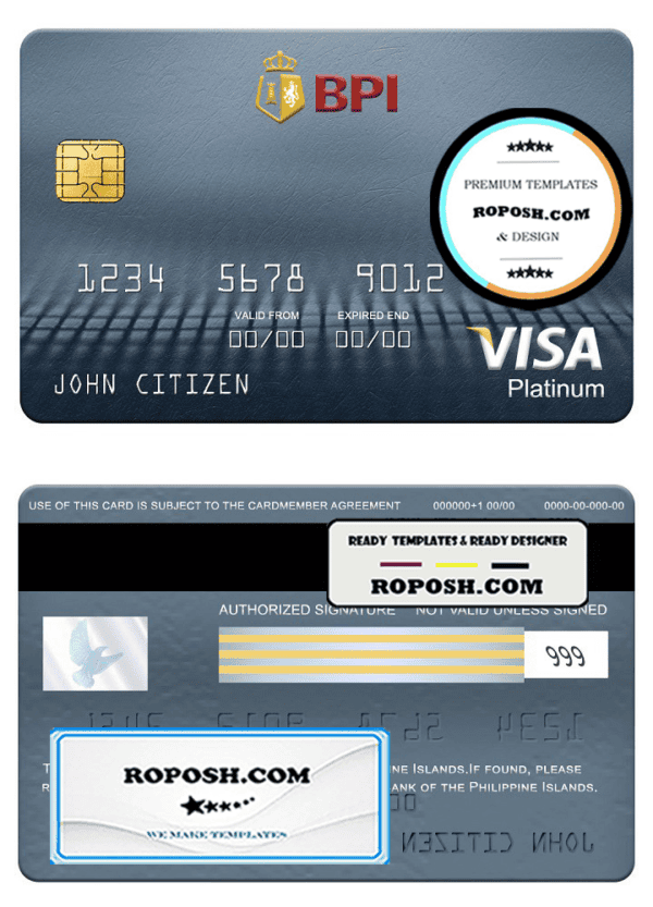 Philippines Bank of the Philippine visa platinum card, fully editable template in PSD format