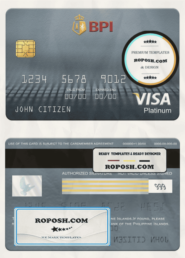 Philippines Bank of the Philippine visa platinum card, fully editable template in PSD format