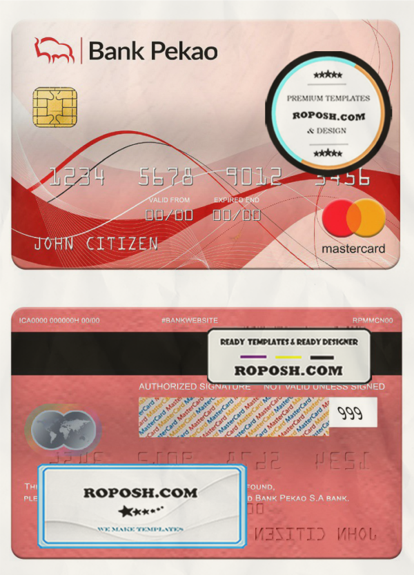 Poland bank Pekao S.A bank mastercard, fully editable template in PSD format scan effect