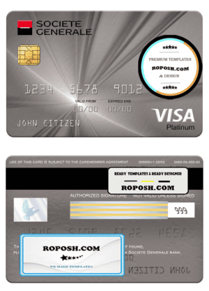 Serbia Societe Generale bank visa platinum card, fully editable template in PSD format