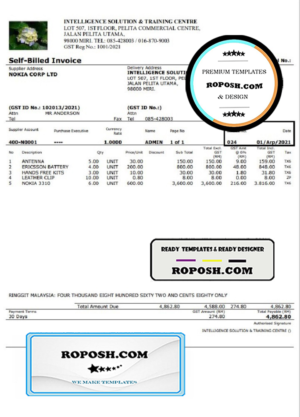 Malaysia Intelligence Solution & Training Centre self-billed invoice in Word and PDF format
