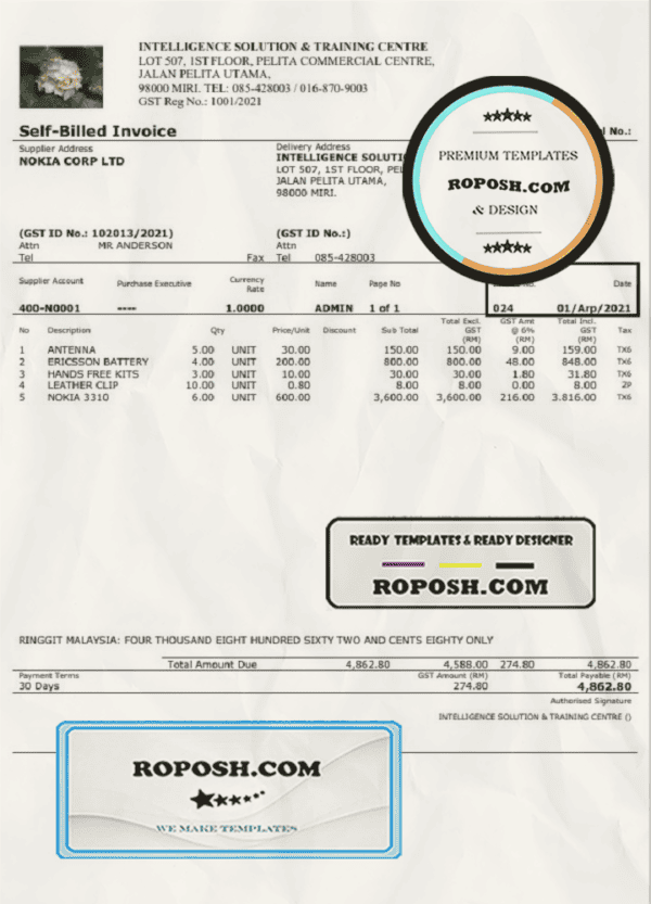 Malaysia Intelligence Solution & Training Centre self-billed invoice in Word and PDF format